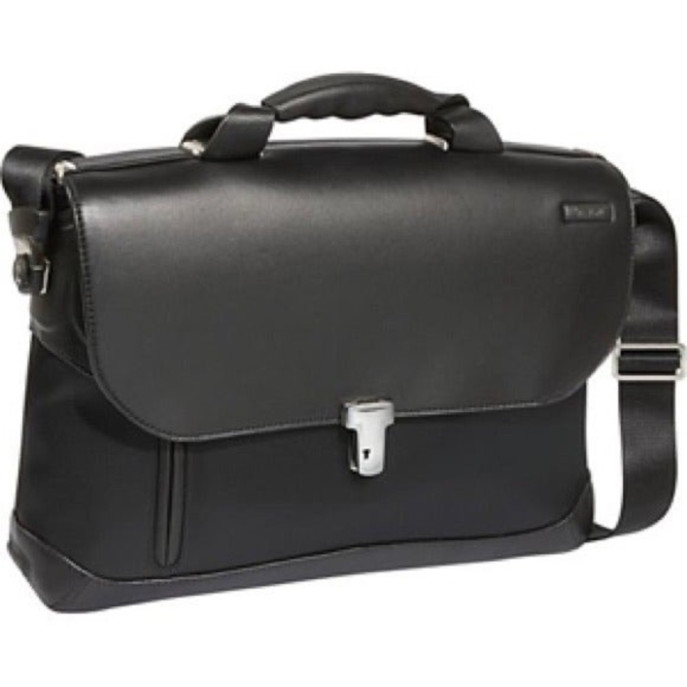 Tumi Black Leather Formula T Collection Coupe Slim Brief Top-Loading Briefcase
